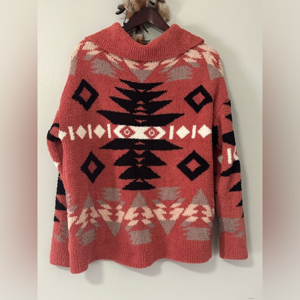Wanna B Coral Aztec Mock Neck 3/4 Zip Pullover Sweater Women’s Size L Cozy Fall - Picture 11 of 12